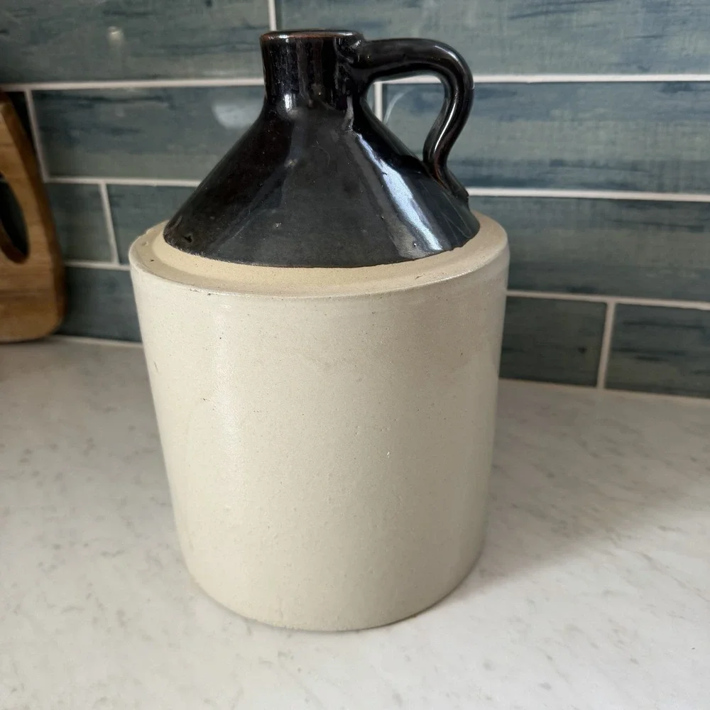 VTG Stoneware Gallon Whiskey Jug Brown/Tan No Cork Cottagecore Rustic Bar Decor‎